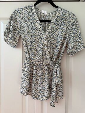 Sienna Sky Floral Wrap Peplum Top - Blue & Yellow